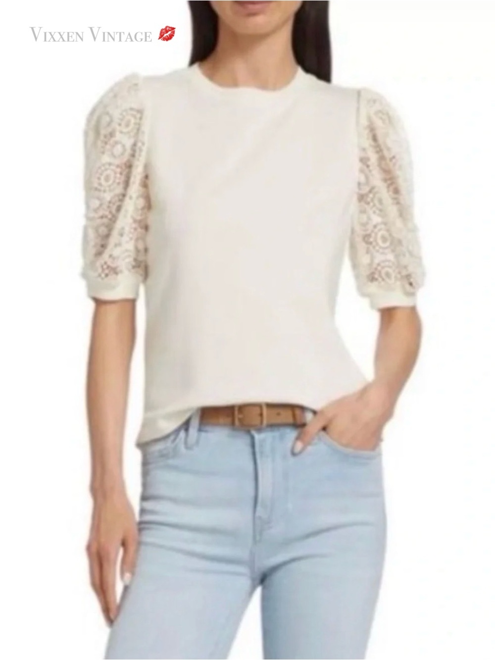 FRAME CROCHET LACE PUFF SLEEVE 'THE FRANKIE TEE' IN CREAM